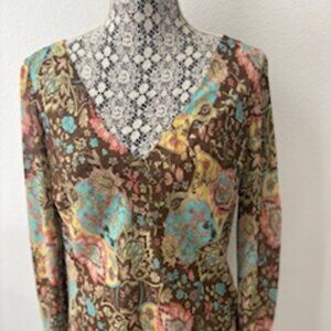 Ann Taylor Loft V-Neck Flowy Multi-Color Floral Long Sleeve Blouse, Size Small